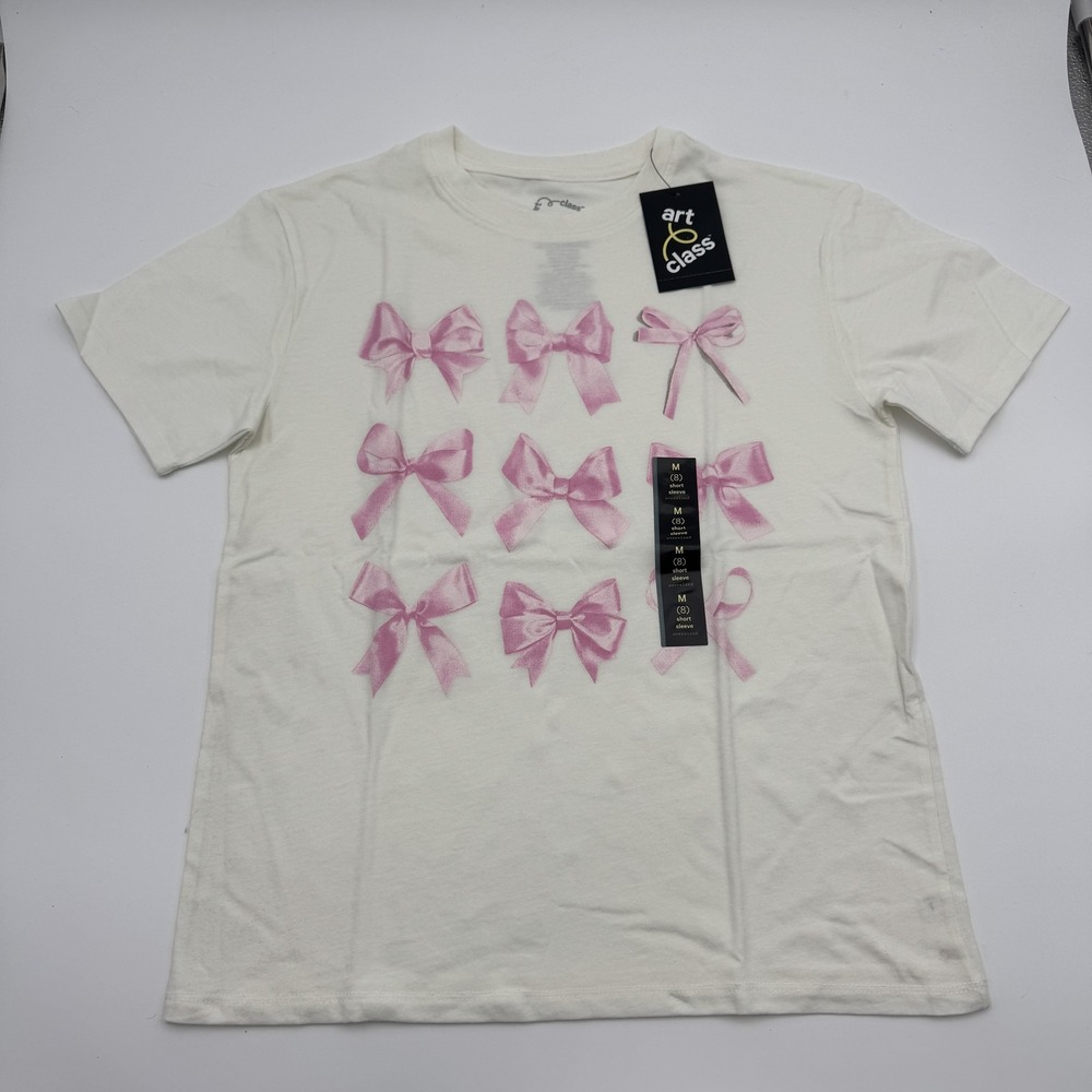 Art Class Girls Pink Bows Oversized Graphic T-Shirt Size M 8 White Coquette NWT